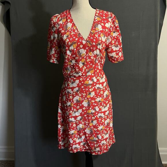 & Other Stories Wrap Dress Size 6 Floral Orangey Pink Scalloped Edges - Picture 1 of 10